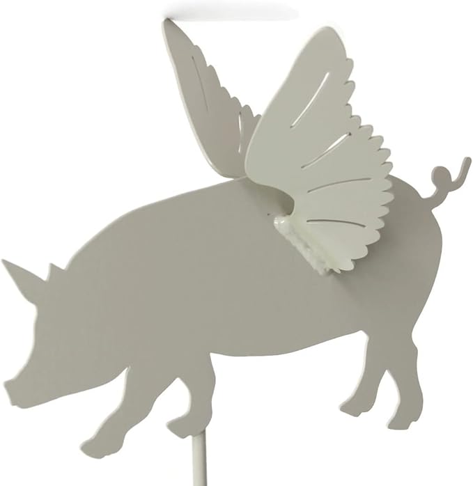 Pets and Farm Animals Metal Garden Landscape Stake (9" Wide Flying Pig on Stake, Cream)