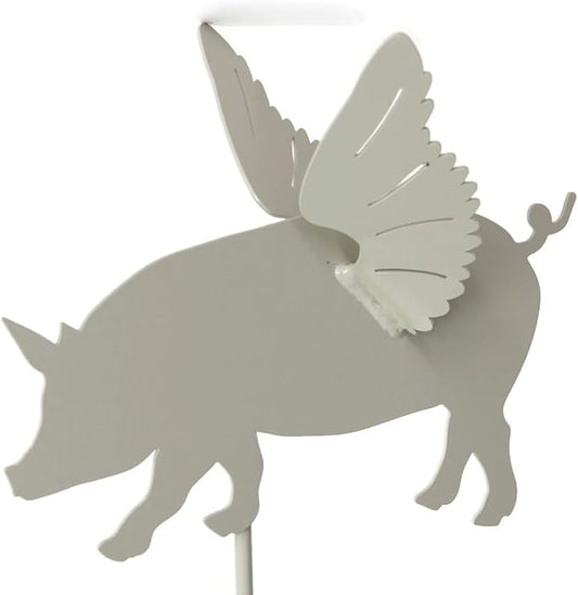 Pets and Farm Animals Metal Garden Landscape Stake (9" Wide Flying Pig on Stake, Cream)