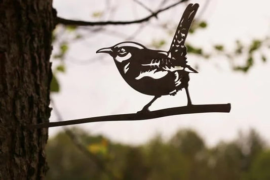 Metal Bird Decor, Corten Steel Metal Outdoor Art, Rustic Metal Birds Outdoor Decor for Garden, Yard, Tree, Metal Bird Tree Stake (Carolina Wren) Made in the U.S.A.