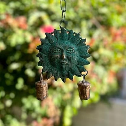Metal Sun Wind Chime with Cow Bells – 12.6" x 4.6", Green Patina & Copper Finish, Celestial Garden Decor for Patio, Porch, or Balcony