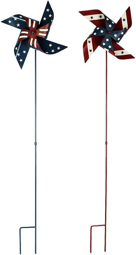 Linfevisi Metal Patriotic Pinwheels for Independence Day American Flag Metal Pinwheel Garden Stake Wind Spinners Red White and Blue 4th of July Decorations Memorial Day Lawn Ornaments Yard Art 36" H