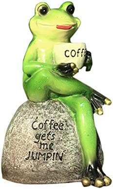 YANGMEI 6" Drinking Coffee Green Frog Sitting on Stone Statue Creative Garden Statue Decoration Collectible Frog Figurine Statue