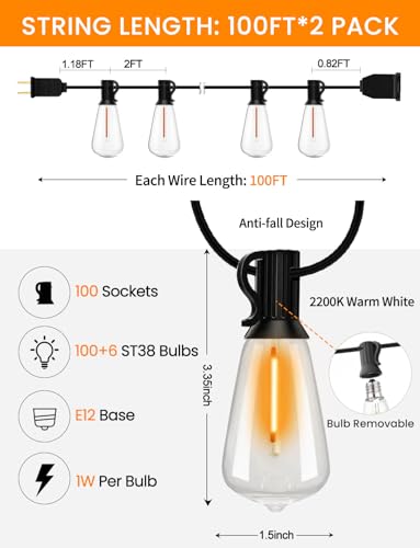 200FT ST38 Outdoor String Lights - 100 Shatterproof Bulbs