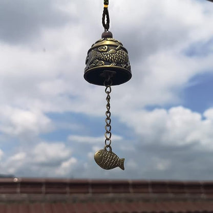 3Pcs Vintage Dragon Bronze Fish Carved Feng Shui Bell - Metal Hanging Temple for Good Luck Bless - DIY Wind Chime for Home Garden Eave Door Decoration
