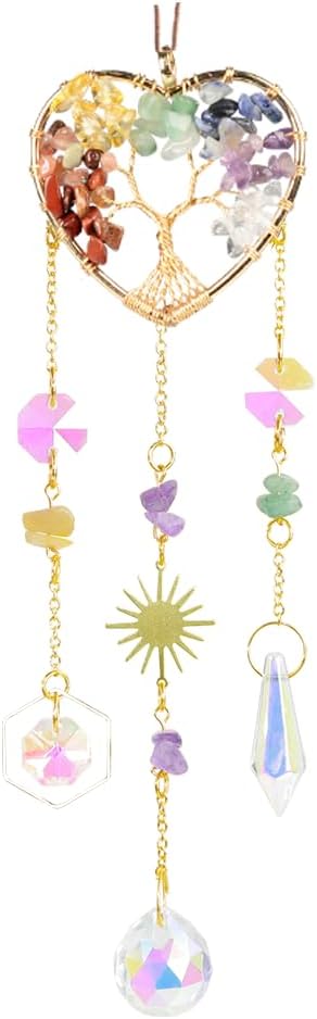 Crystal Sun Catcher, Heart 7 Chakra Tree of Life Crystal Suncatcher Hanging for Indoor Window, Dream Catchers for Car, Spiritual, Rainbow Maker