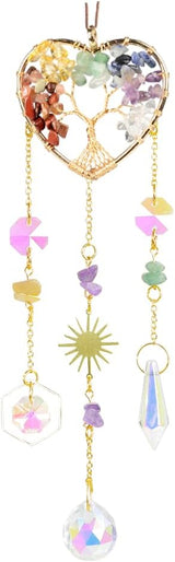 Crystal Sun Catcher, Heart 7 Chakra Tree of Life Crystal Suncatcher Hanging for Indoor Window, Dream Catchers for Car, Spiritual, Rainbow Maker