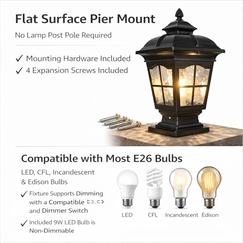 Outdoor Post Light - 17.72" Hardwired E26 Pier Mount Lantern