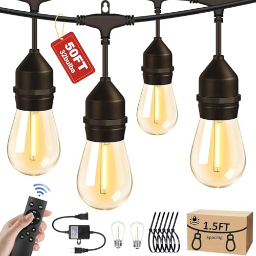 50FT Outdoor String Lights - 32 Bulbs, Dimmer Remote