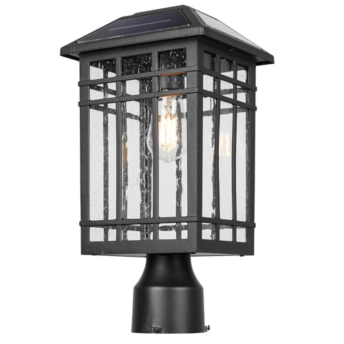 Solar Post Lights - Black Waterproof LED with Seeded Glass (Bulb Included)
