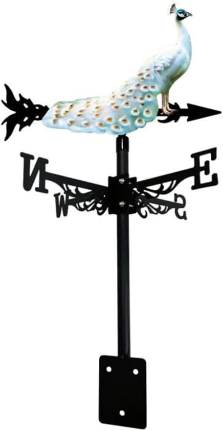 Colorful Red-Crowned Crane Weather Vane Metal Peacock Rooftop Weathervane Iron Wind Direction Indicator Garden Statue Yard Decor Lawn Ornament (Peacock Spreading) Peacock White