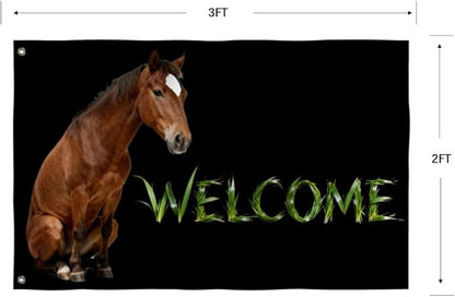 Horse Welcome Flag 2X3FT, Farm House Flags, Horse Meme Banner,Both Sides Printed, Men Women Banner,Vibrant Colors, Double Stitched with 2 Brass Grommets, Bar Garden Street Decoration, GYM, Office Decor,Indoor Outdoor Use,Gifts. (Horse, 2x3ft)