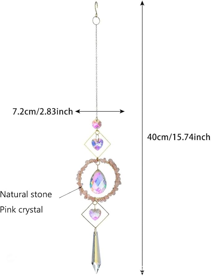 Crystal Suncatchers Window Hanging Wind Chime Natural Fluorite Rose Quartz Pendant Ornament,for Home, Garden Tree Plants, and Meditation Decor (Pink)