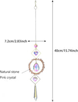 Crystal Suncatchers Window Hanging Wind Chime Natural Fluorite Rose Quartz Pendant Ornament,for Home, Garden Tree Plants, and Meditation Decor (Pink)