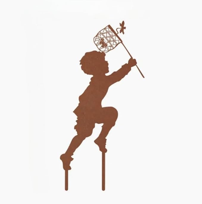 Metal Garden Sculpture Boy Girl Art Silhouette Garden Decor Stakes Iron Outdoor Statues Halloween Yard Decoration (Boy-Small)