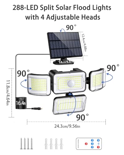 Solar Security Lights - 288 LED, 4 Heads, Motion Sensor, IP67, 2 Pack