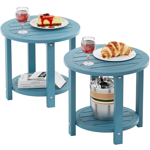 YEFU Adirondack Side Table, 16in Round, 2-Tier Storage End Table, Blue