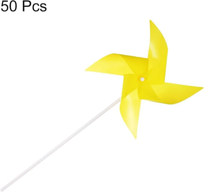 HARFINGTON 50pcs Windmills for The Yard Garden 15" x 7.5" 4 Leaves Pinwheels Wind Mills Spinners Windproof Waterproof Bird Devices with Stakes for Patio Decor, Yellow