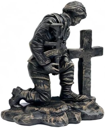 Soldier at Cross Concrete Statue – 22" H x 20" W x 11" D – Military Memorial Garden Statue – Outdoor Patriotic Decor – Made in USA – 71 lbs- Autumn Brown Stain Color