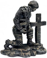 Soldier at Cross Concrete Statue – 22" H x 20" W x 11" D – Military Memorial Garden Statue – Outdoor Patriotic Decor – Made in USA – 71 lbs- Autumn Brown Stain Color