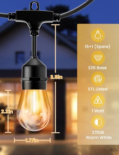 Svater Outdoor String Lights 50ft - Waterproof LED E26