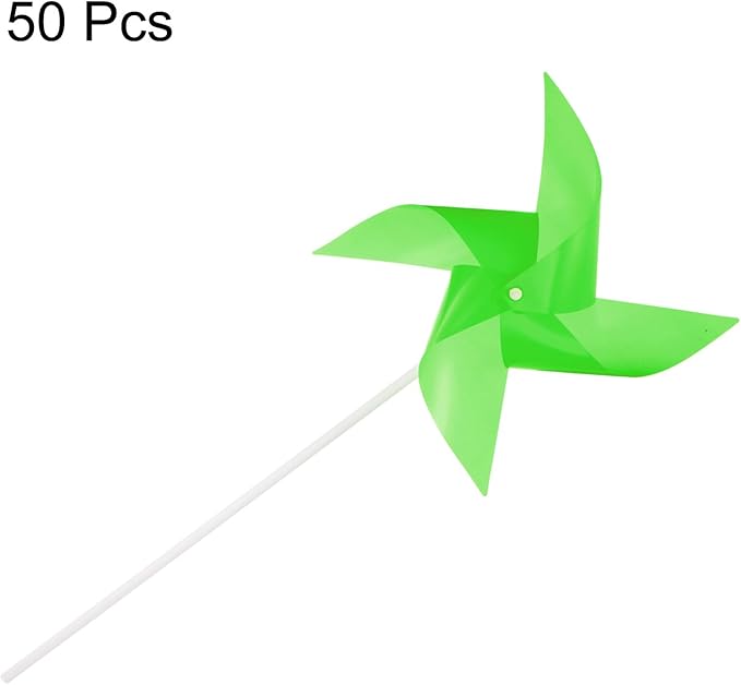 HARFINGTON 50pcs Windmills for The Yard Garden 15" x 7.5" 4 Leaves Pinwheels Wind Mills Spinners Windproof Waterproof Bird Devices with Stakes for Patio Decor, Green