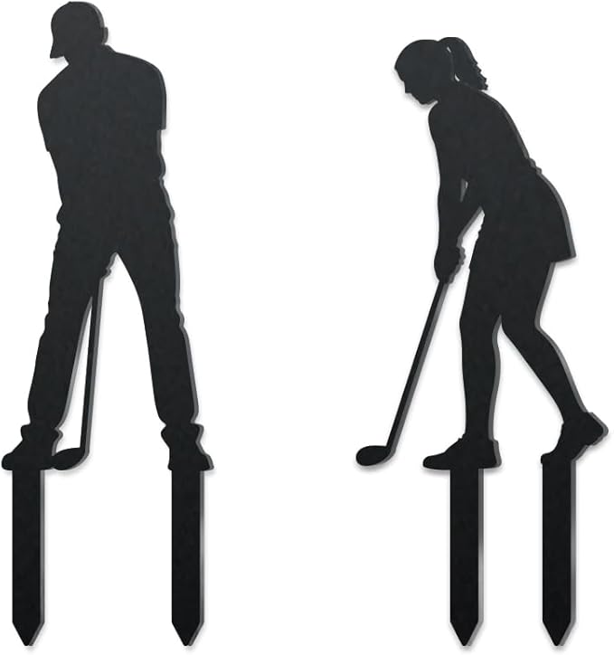 WADORN 2Pcs Golfer Metal Decorative Garden Stakes, Golf Characters Silhouette Metal Outdoor Statues Golf Men Women Garden Ornament Gifts Black Yard Art Decoration for Outdoor Backyard Patio Walkways