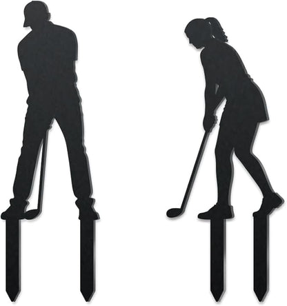 WADORN 2Pcs Golfer Metal Decorative Garden Stakes, Golf Characters Silhouette Metal Outdoor Statues Golf Men Women Garden Ornament Gifts Black Yard Art Decoration for Outdoor Backyard Patio Walkways