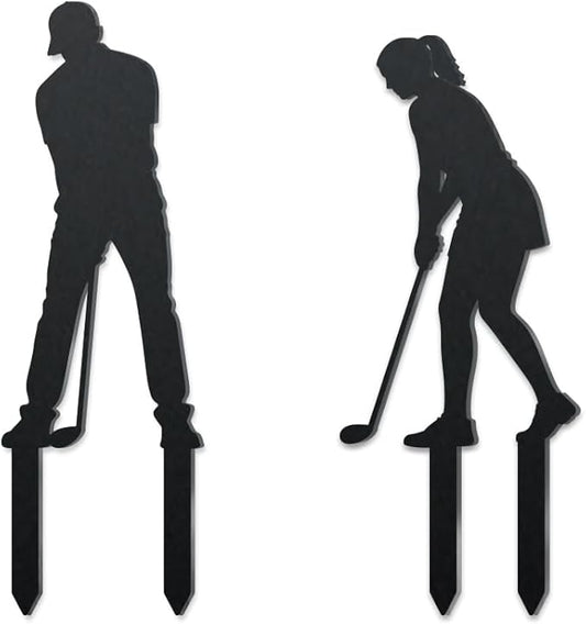 WADORN 2Pcs Golfer Metal Decorative Garden Stakes, Golf Characters Silhouette Metal Outdoor Statues Golf Men Women Garden Ornament Gifts Black Yard Art Decoration for Outdoor Backyard Patio Walkways