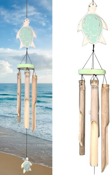 Rustic Sea Turtle Bamboo and Wood Windchimes – Outdoor Wind Chime – Distressed Finish – Whitewash & Teal Blue – Natural Beautiful Relaxing Sound