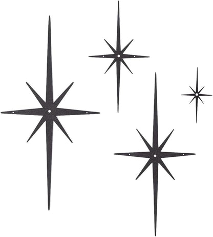 CREATCABIN 4Pcs Star Burst Wall Decor Black Mid Century Modern Metal Wall Art Sculpture Retro 8 Pointed Atomic Stars Celestial Hanging Ornament Accents for Home Bedroom Office Room Decoration
