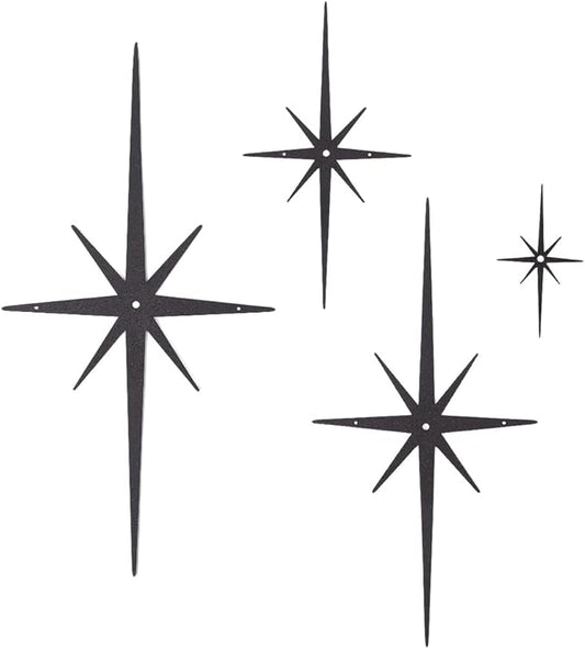 CREATCABIN 4Pcs Star Burst Wall Decor Black Mid Century Modern Metal Wall Art Sculpture Retro 8 Pointed Atomic Stars Celestial Hanging Ornament Accents for Home Bedroom Office Room Decoration