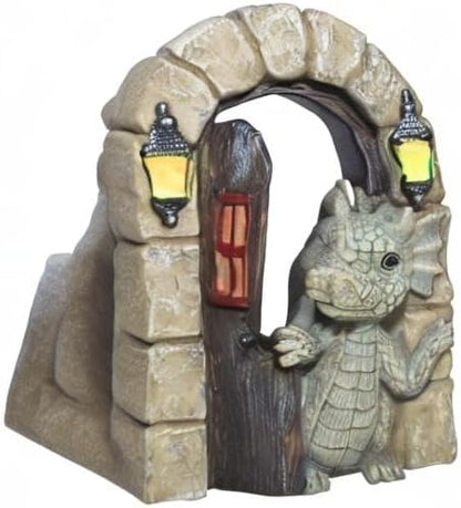 SHOWFEICAT Dragon Garden Ornament Resin Craft Ornament Statue Fairy Door Yard Art Outdoor and Garden Solar Light Luminous Sand Open Door Dragon Wall Statue Outdoors Decor (Open The Door)