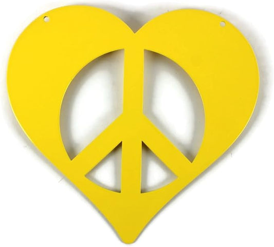 Peace and Heart Staked Signs or Wall Art Rustic or Powder Coated Finishes (Medium Peace Heart Hanger 12", Yellow)