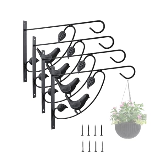 Hanging Plant Bracket - 12" Wall Mount, Black, 4 Pack
