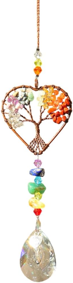 Suncatcher Window Hanging Tree of Life Heart Shaped Crystal Ball Prism Drop Ornament with Rainbow Maker Pendant for Garden Home Decor Indoor Outdoor Windows 7in