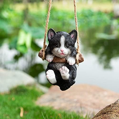 HYFAN Resin Cute Swing Small Cat Sculpture Outdoor Garden Home Office Room Hanging Decor Statue Figurine Pet Ornament Decoration with String (Black)