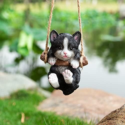 HYFAN Resin Cute Swing Small Cat Sculpture Outdoor Garden Home Office Room Hanging Decor Statue Figurine Pet Ornament Decoration with String (Black)