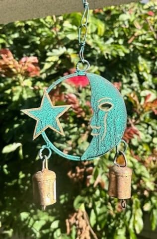Metal Moon and Star Wind Chime, 13 Inch Celestial Garden Decor, Green Patina Finish with Rustic Copper Bells, Outdoor Hanging Accent