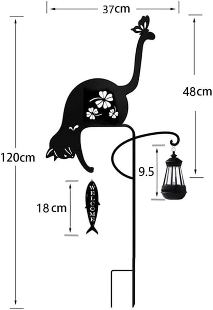 Solar Powered Black cat Fishing Light, Garden Decorative Iron Art Cute cat Fishing Ground Light, Wireless Dusk to Dawn LED Landscape lamp Waterproof.
