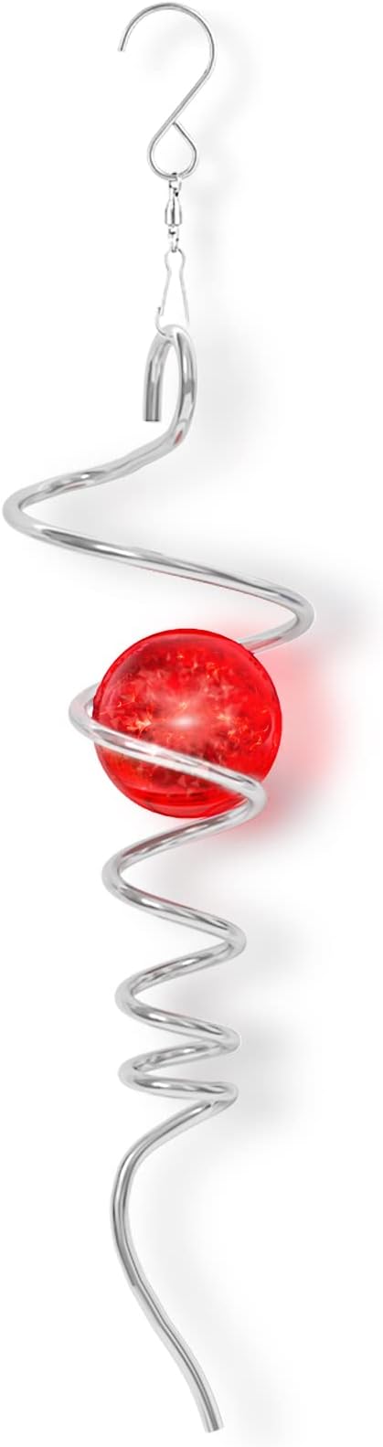 Gazing Ball Spiral Tail Spinfinity Wind Spinner, 13 Inch Stainless Steel with Hanging 360° Swivel Hook, Red Crystal Glass Orb Captivating Visual Illusion Spinning for Garden Yard Patio Decor Gift