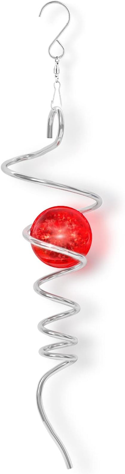 Gazing Ball Spiral Tail Spinfinity Wind Spinner, 13 Inch Stainless Steel with Hanging 360° Swivel Hook, Red Crystal Glass Orb Captivating Visual Illusion Spinning for Garden Yard Patio Decor Gift