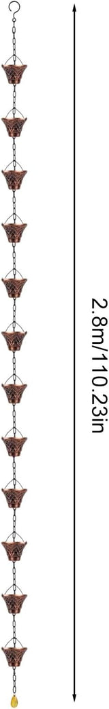 Pure Copper Garden Rain Chain 9FT Decorative Downspout Extension with 12 Cups for Roof Garden Gazebo Drainage Water Flow Outdoor Home Decor