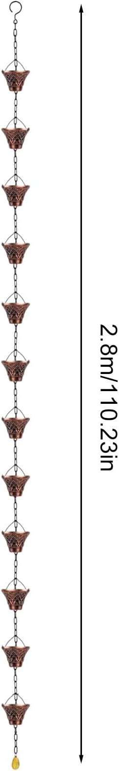 Pure Copper Garden Rain Chain 9FT Decorative Downspout Extension with 12 Cups for Roof Garden Gazebo Drainage Water Flow Outdoor Home Decor