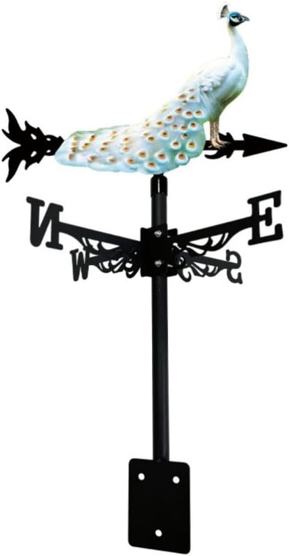 Colorful Red-Crowned Crane Weather Vane Metal Peacock Rooftop Weathervane Iron Wind Direction Indicator Garden Statue Yard Decor Lawn Ornament (Peacock White)