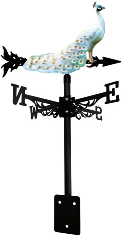 Colorful Red-Crowned Crane Weather Vane Metal Peacock Rooftop Weathervane Iron Wind Direction Indicator Garden Statue Yard Decor Lawn Ornament (Peacock White)