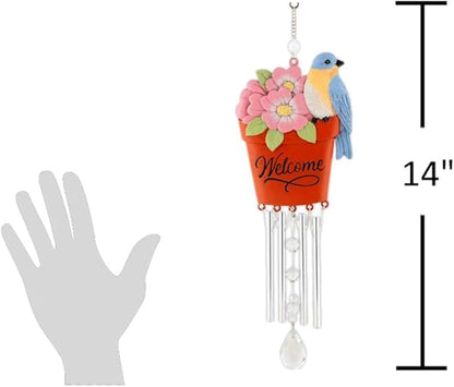 Carson 14" 'Bluebird' Welcome Flower Pot Wind Chime - Floral Chime - Gardening Windchime for Outdoor Decor - Garden Patio Porch
