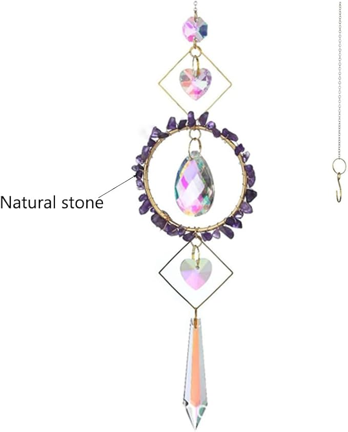 Crystal Suncatchers Window Hanging Wind Chime Natural Fluorite Amethyst Pendant Ornament,for Home, Garden Tree Plants, and Meditation Decor (Purple)