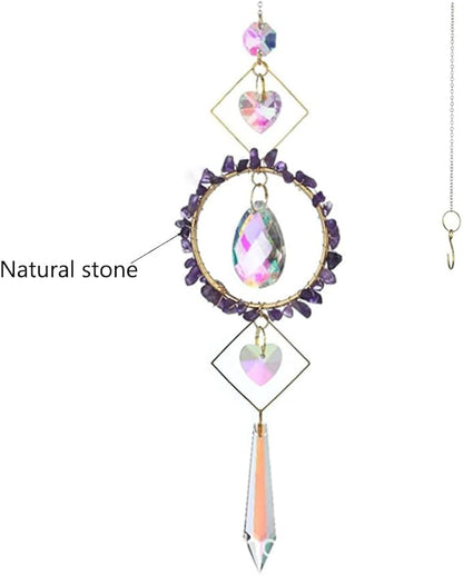 Crystal Suncatchers Window Hanging Wind Chime Natural Fluorite Amethyst Pendant Ornament,for Home, Garden Tree Plants, and Meditation Decor (Purple)
