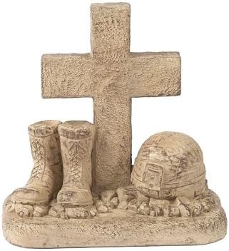 Soldiers Boots and Helmet at Cross Stone Memorial Statue 18in Tall Desert Sand Brown Color