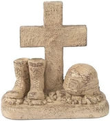 Soldiers Boots and Helmet at Cross Stone Memorial Statue 18in Tall Desert Sand Brown Color